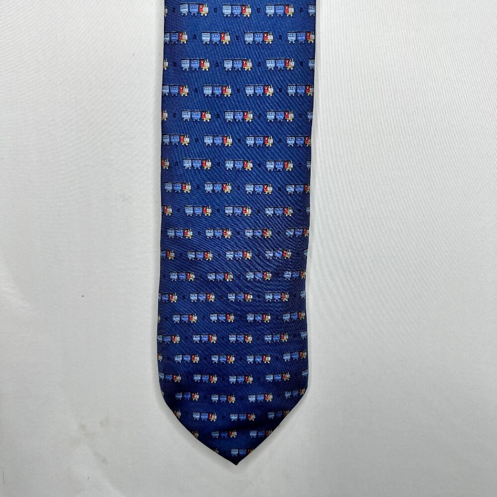 Beaufort Tie Rack Men’s Neck Tie Silk Blue w/ Colorful Trains Long Necktie Italy